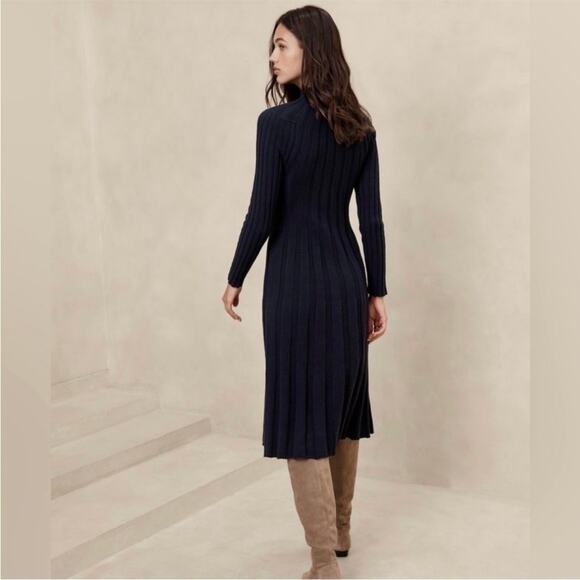 NWT Banana Republic | Navy Mock Neck Thick Knit Sweater Midi Dress Long Sleeve S - Picture 2 of 11